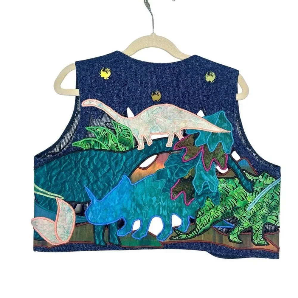 Vintage Handmade Dino Vest Kids Embroidered Blue western Applique Dinosaur Denim - Picture 2 of 10